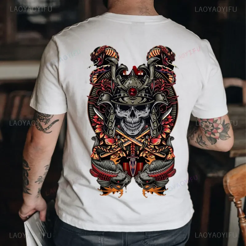 Japanese Samurai Style Back Printed Pattern Cotton Tshirt Unisex Samurai of Shadows: Oni Masked Graphic T Shirts Men Clothing