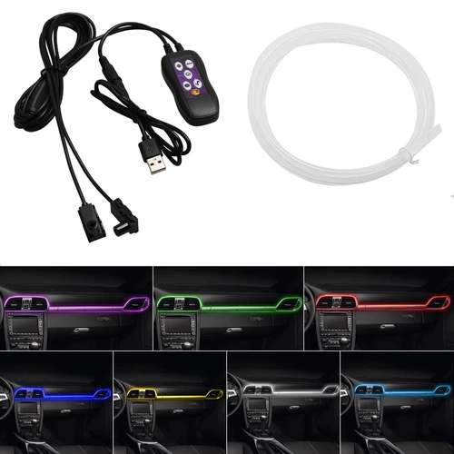 Imagen 2 del producto Luces interiores de coche USB, tiras de fibra óptica de 64 colores, múltiples modos, Control de sonido, lámpara ambiental decorativa RGB, luz de neón para coche