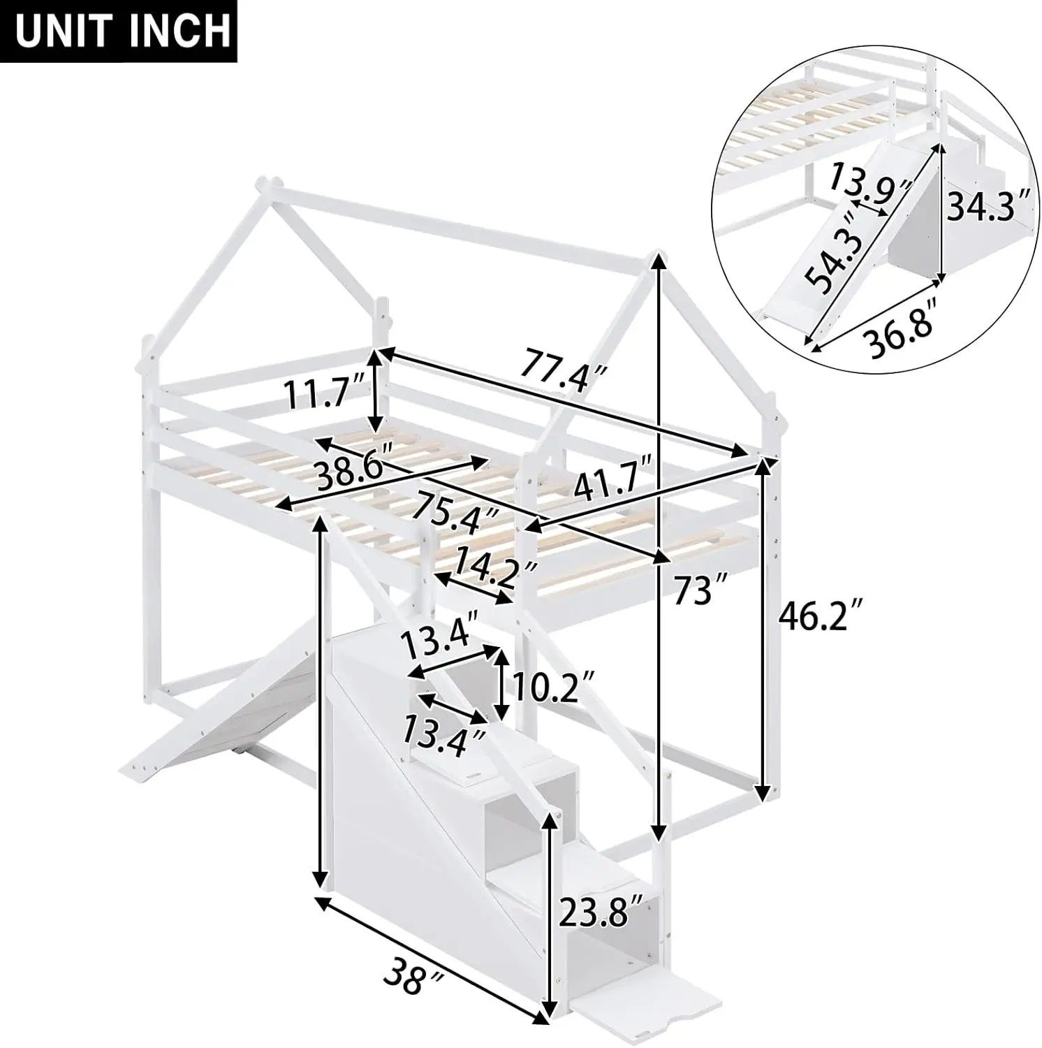 Merax House Shaped Junior Bunk Bed Frame Twin Over Twin With Slide And Storage Stairs, Wood Low Bunkbed With Full-Length