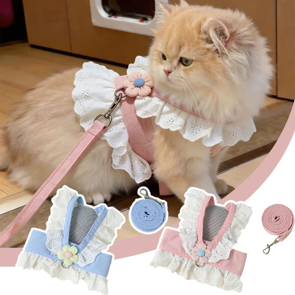 Cute Princess Style Cat Harness and Leash Sets Vest Adjustable for Small Dog Cat Rabbit Pet Harness Out Walking Cat Accessory