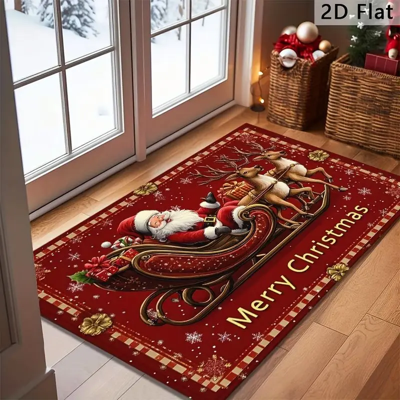 VIKAMA Santa Sleigh Reindeer Mat Rug Flannel Entry Rug Non Slip Welcome Mat for Front Porch Soft Cozy Aesthetic Home Decor