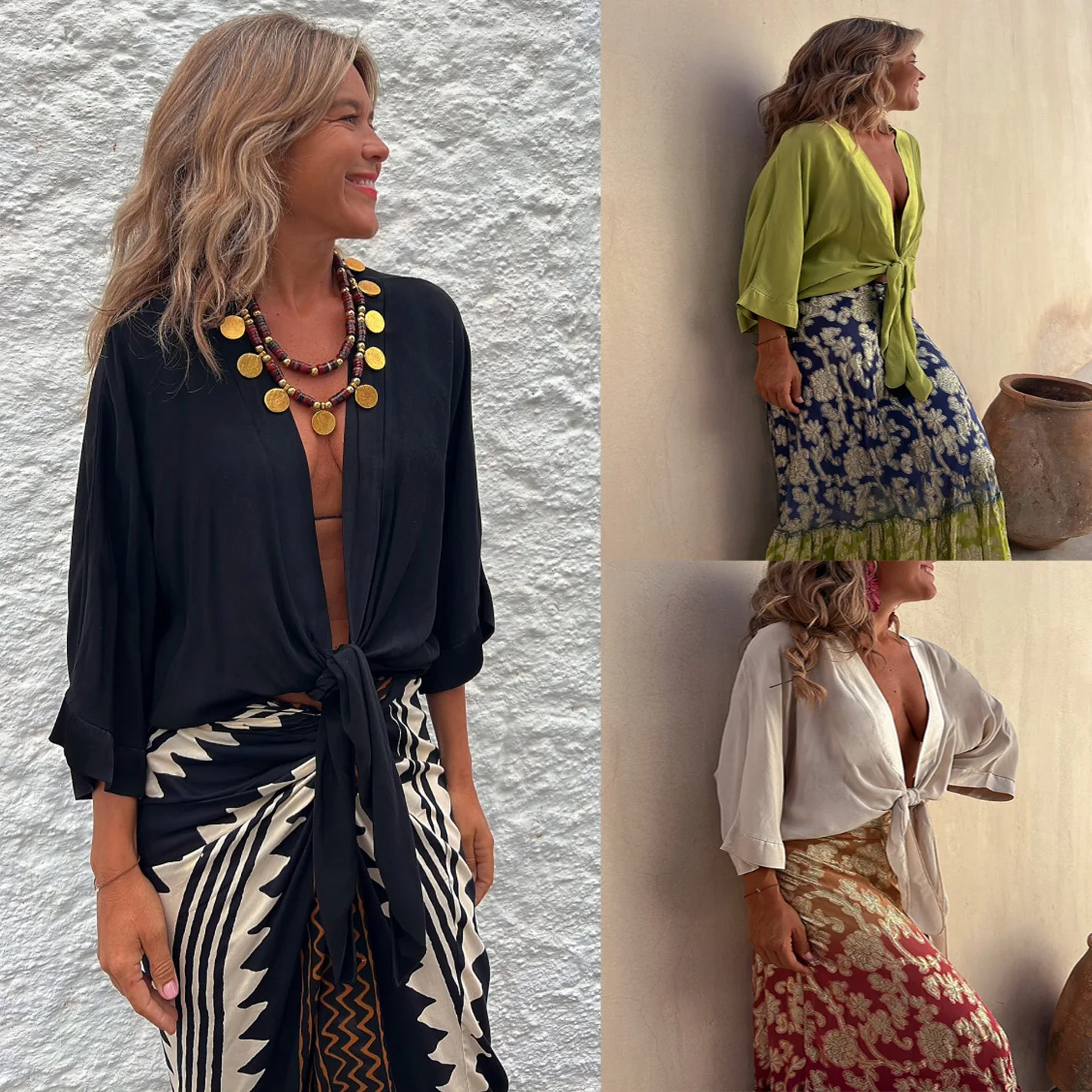 

Women Spring Summer New Casual Tie-Up Three-Quarter Sleeve Top Loose Vacation Multi-Color Blouse