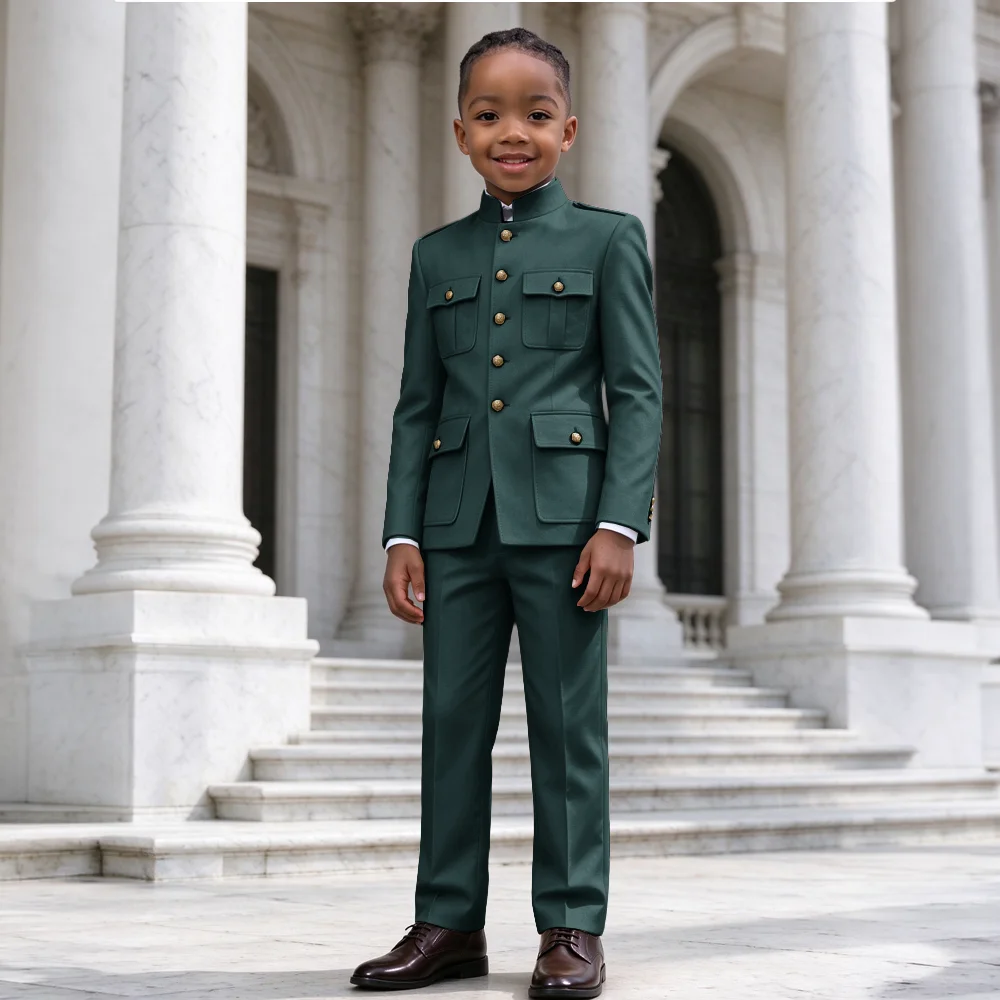 Boys' 2-Piece Suit with Mandarin Collar (Jacket & Trousers) – Gold Buttons, Formal Wedding Outfit, Tailored-Style Tuxedo