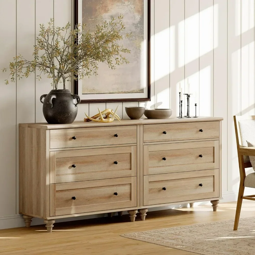

Bedroom Dresser with 6 Drawers Wide Chest of Drawers Mid-Century Modern Wooden Closet Storage Organizer Large Wooden Dresser