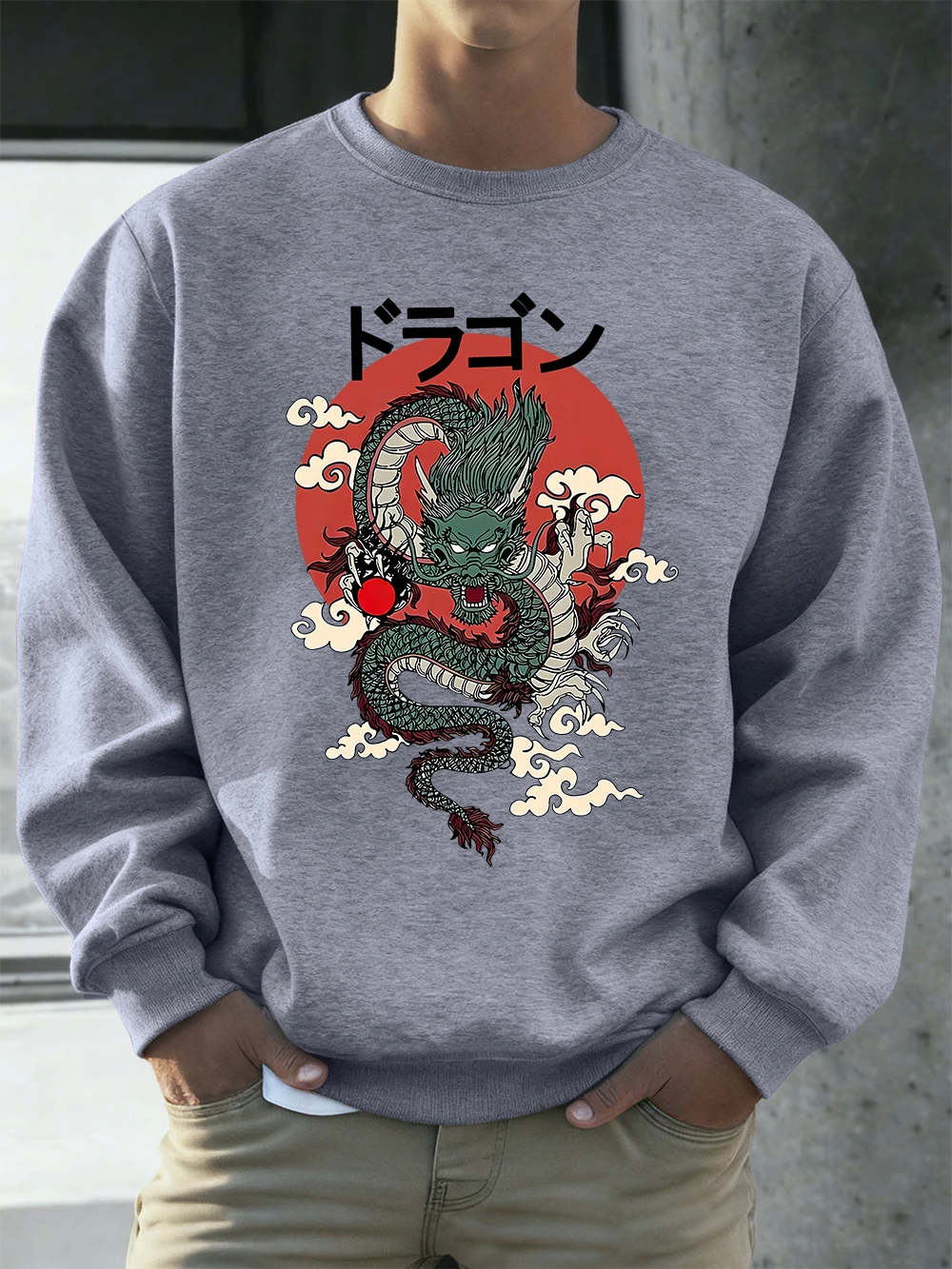 

Dragon Red Sun Printing Mens Sweatshirts Winter Fleece Warm Hoodies Korean Oversized Crewneck Pullovers Fashion Male Clothes