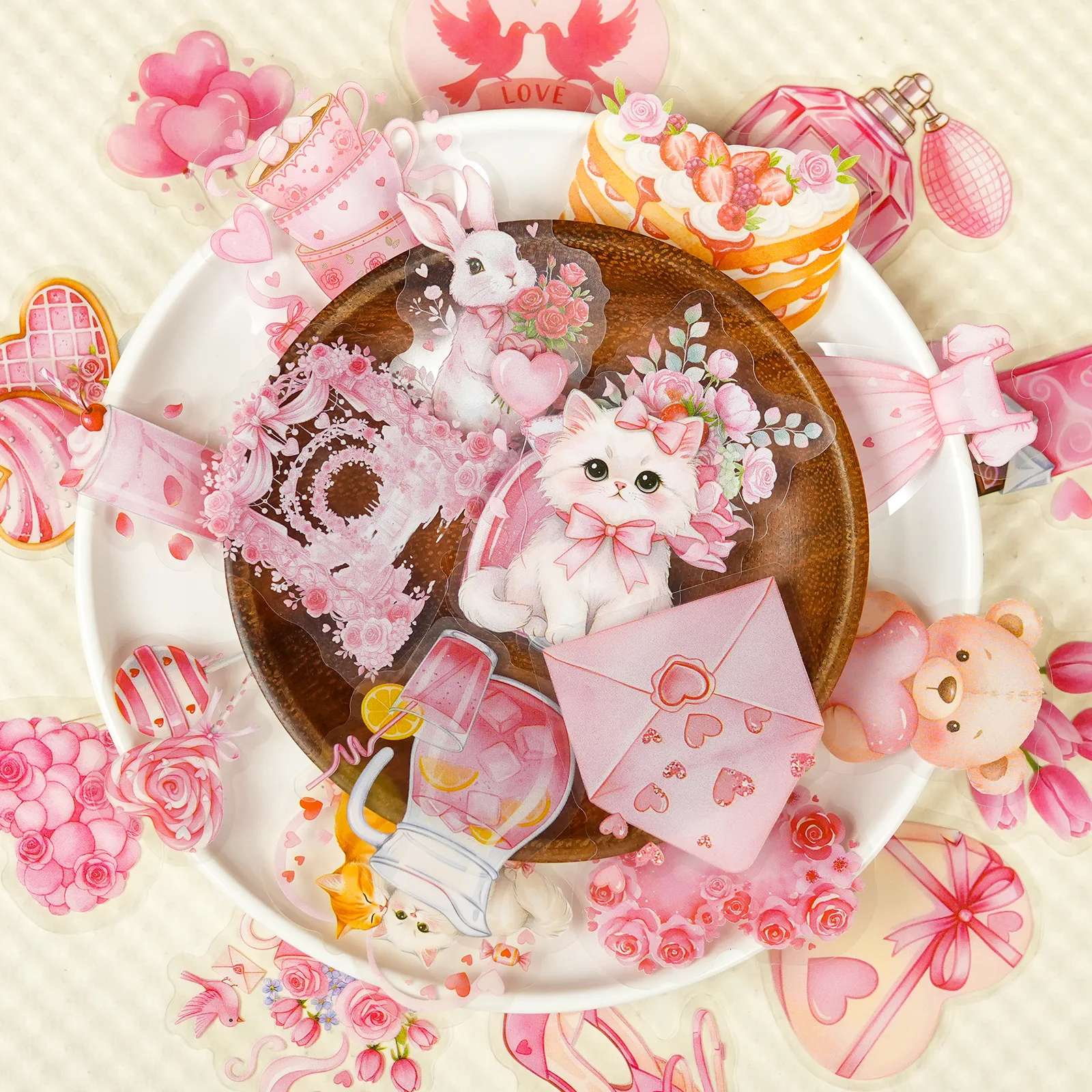 56/112PCS Rosa Valentinstag Cartoon Aufkleber Transparent PET High Beauty Festival Dekorative Aufkleber