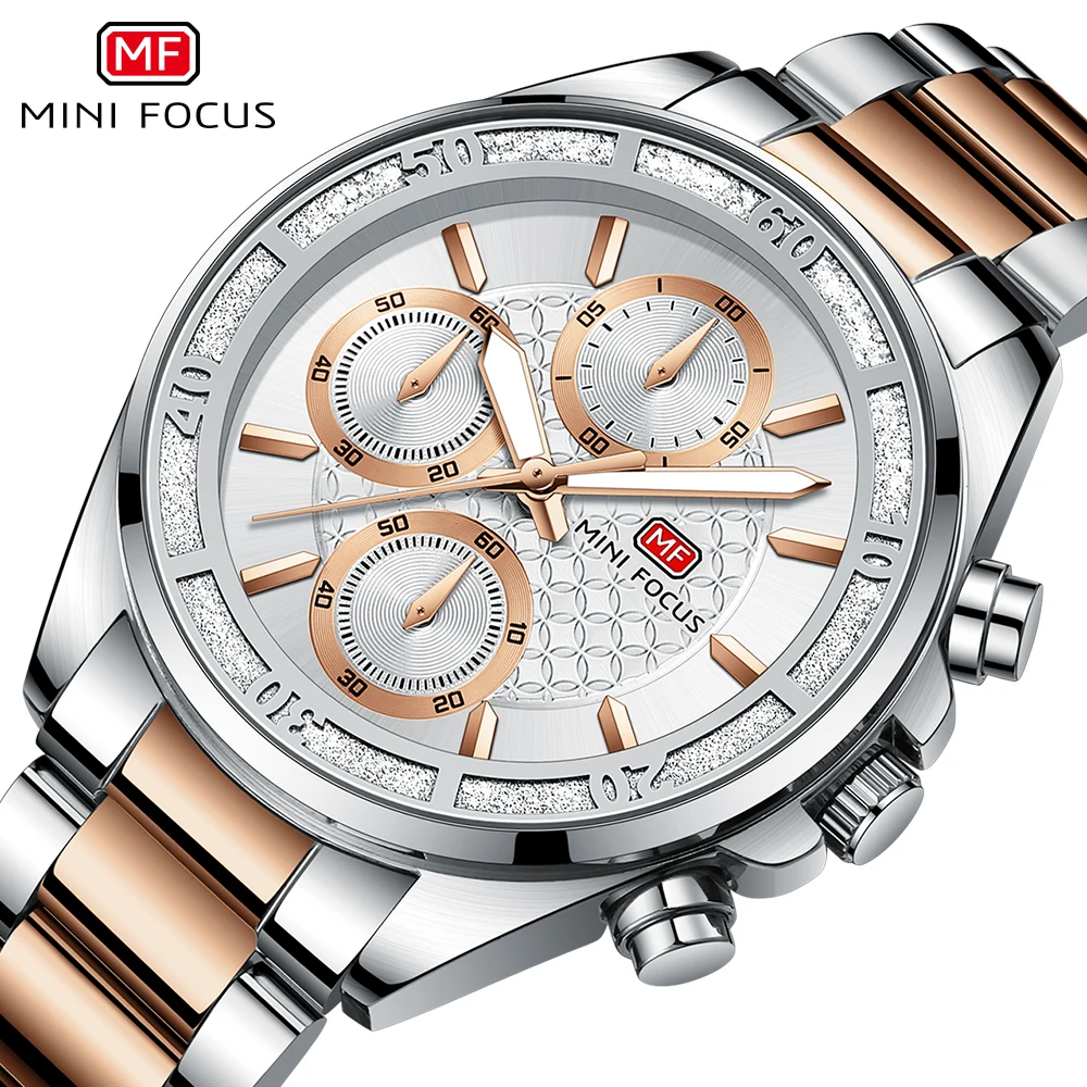 

MINI FOCUS 0615L модные роскошные кварцевые женские часы со стальной полосой, водонепроницаемые светящиеся часы с хронографом и бриллиантами для женщин