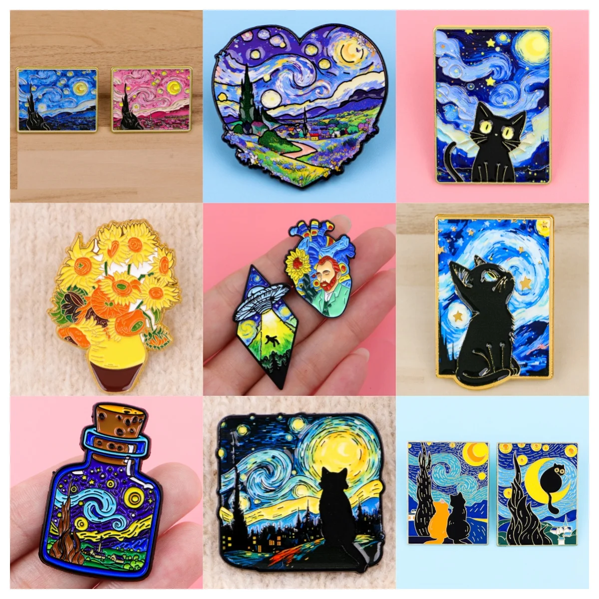Van Gogh Starry Night Enamel Pins Cute Black Cat Lapel Pins For Backpacks Badges Accessories For Fashion Jewelry Friends Gifts