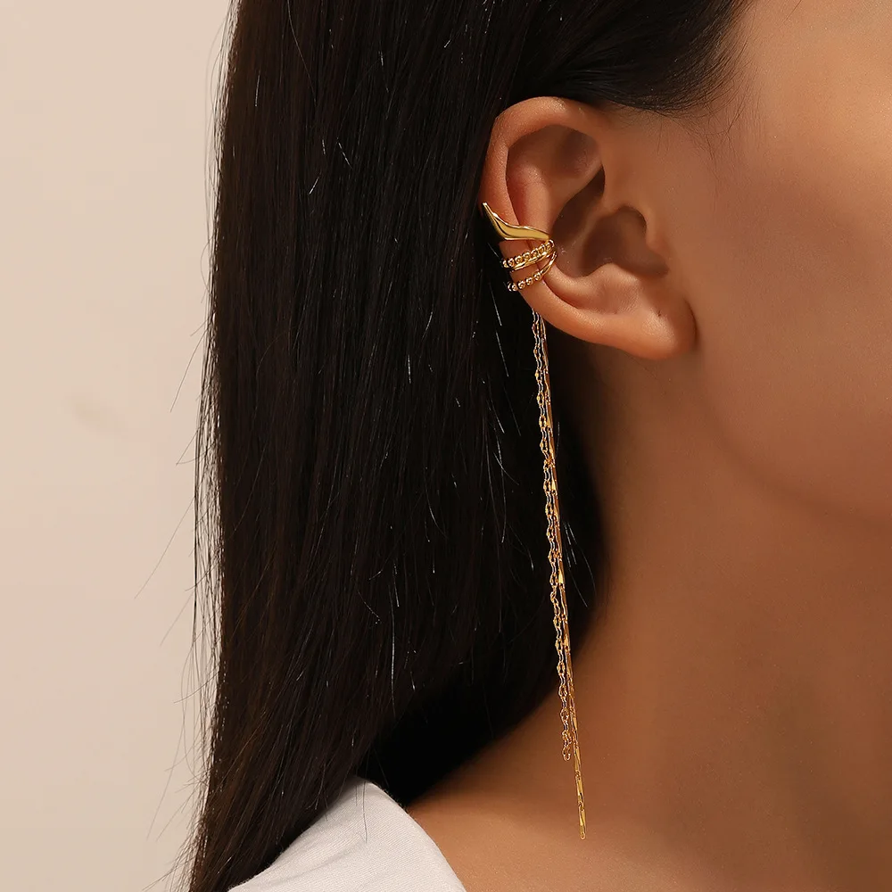 Simple Geometric Ear Clip Without Ear Piercing Fashion Temperament Creative Design Woman Long Chain Tassel Ear Bone Clip