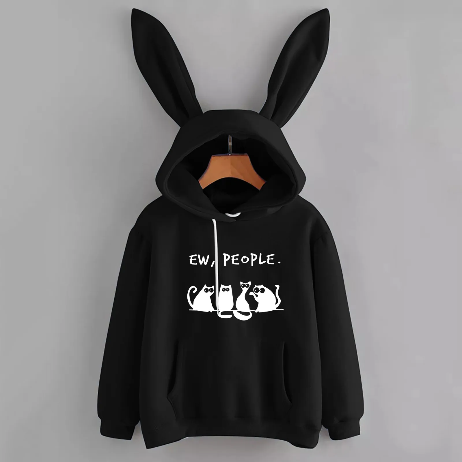 Women's 2024 New Sweatshirts Casual Loose Drawstring Bunny Ear Hoodie Cat Printing Pockets Blouses Loose Casual Ladies Tops