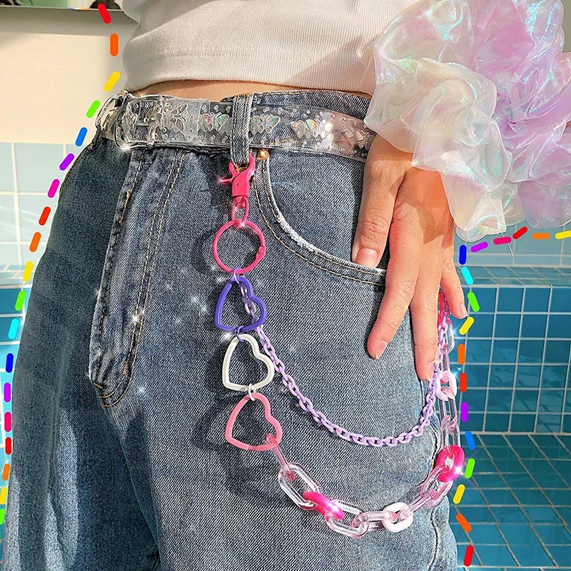 1pcs Acrylic Layered Pants Jean Chain Heart/Flowers Pendant Rainbow Resin Trousers Chains Wallet Chains Keychains Body Chain