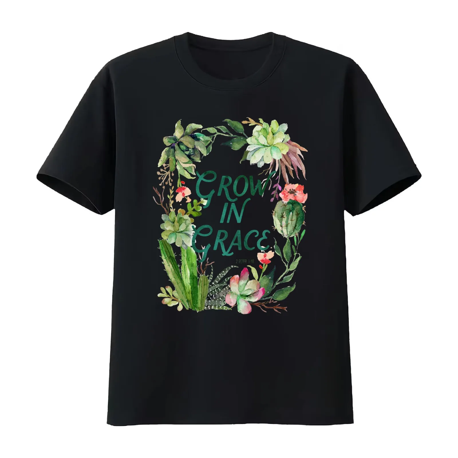 Grow in Grace watercolor plants plant lady cactus scripture painted cactus succulent grace grow T-Shirt 100% Cotton