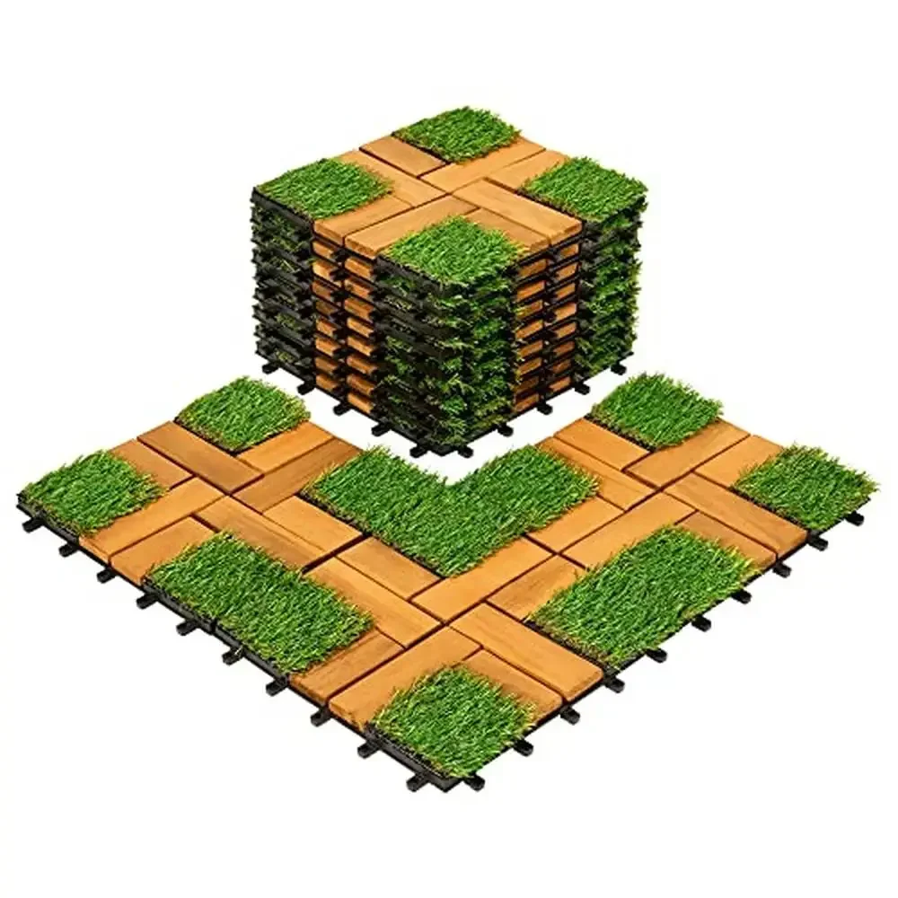 

12''x12''0.94" Artificial Grass Tiles Acacia Wood Deck Home Patio Kitchen Outdoor Garden Decor Set 9 Tiles Natural Feel Soft