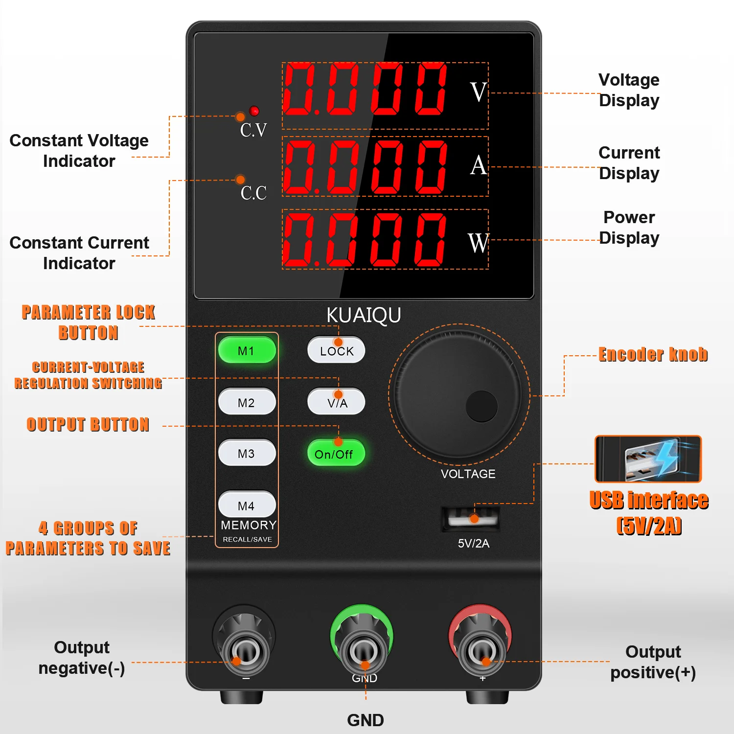 KUAIQU Adjustable DC Power Supply 30V 10A Memory Storage Lab Voltage Regulator Power Supply 60V 5A 120V 3A Output Preset Current