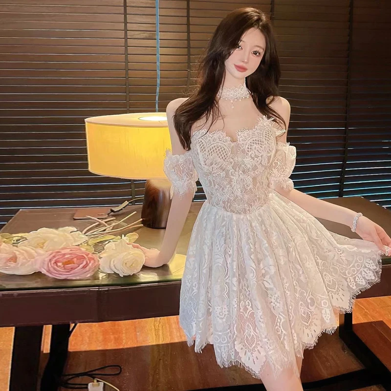 

Short Lace Dress High End Sexy Birthday Dress Summer Fashion Short Sleeves Deep V-neck High Waist Princess Mini Party Dress