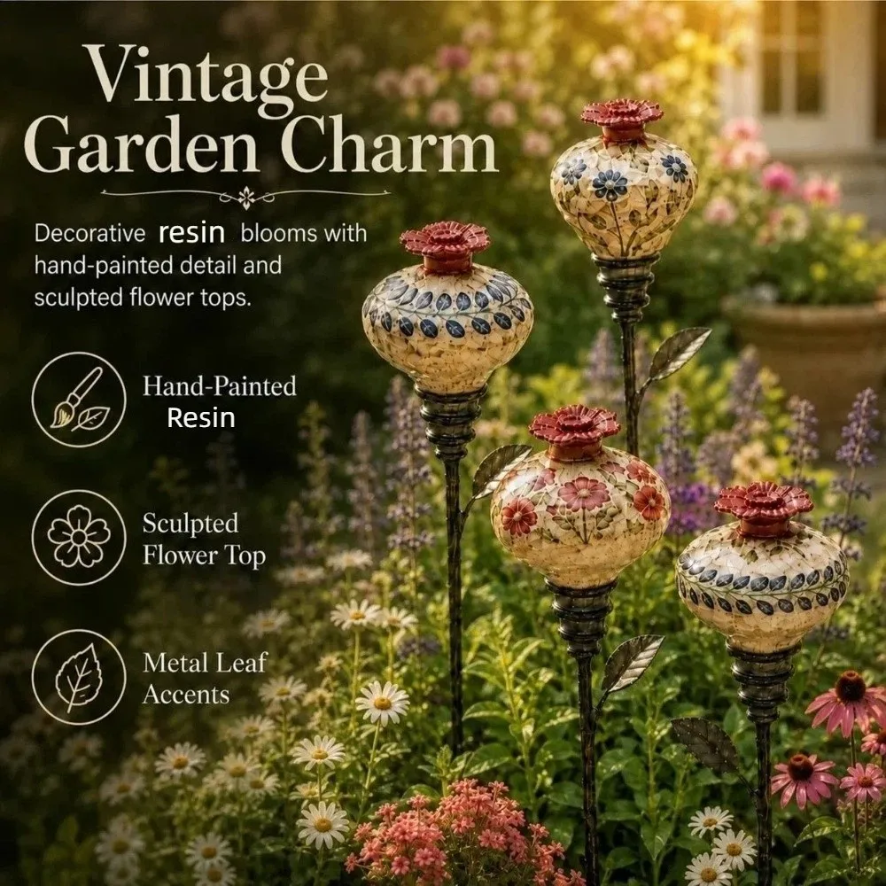 Vintage Hummingbird Feeder Garden Stake Hand Painted Resin Flower Flower Shaped Bird Feeder Anti-leakage Rust-resistant