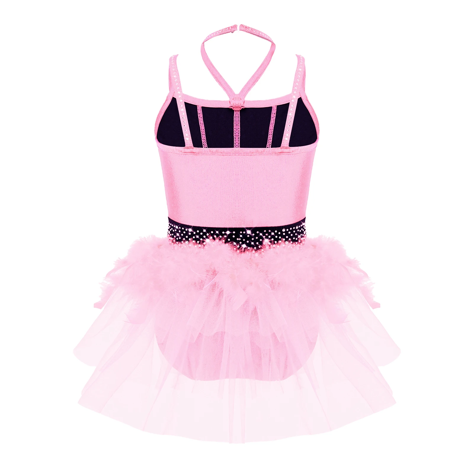 Kids Girls Sparkly Ballet Ballerina Tutu Dance Costume Halter Spaghetti Straps Feather Tulle Dress for Performance Competition