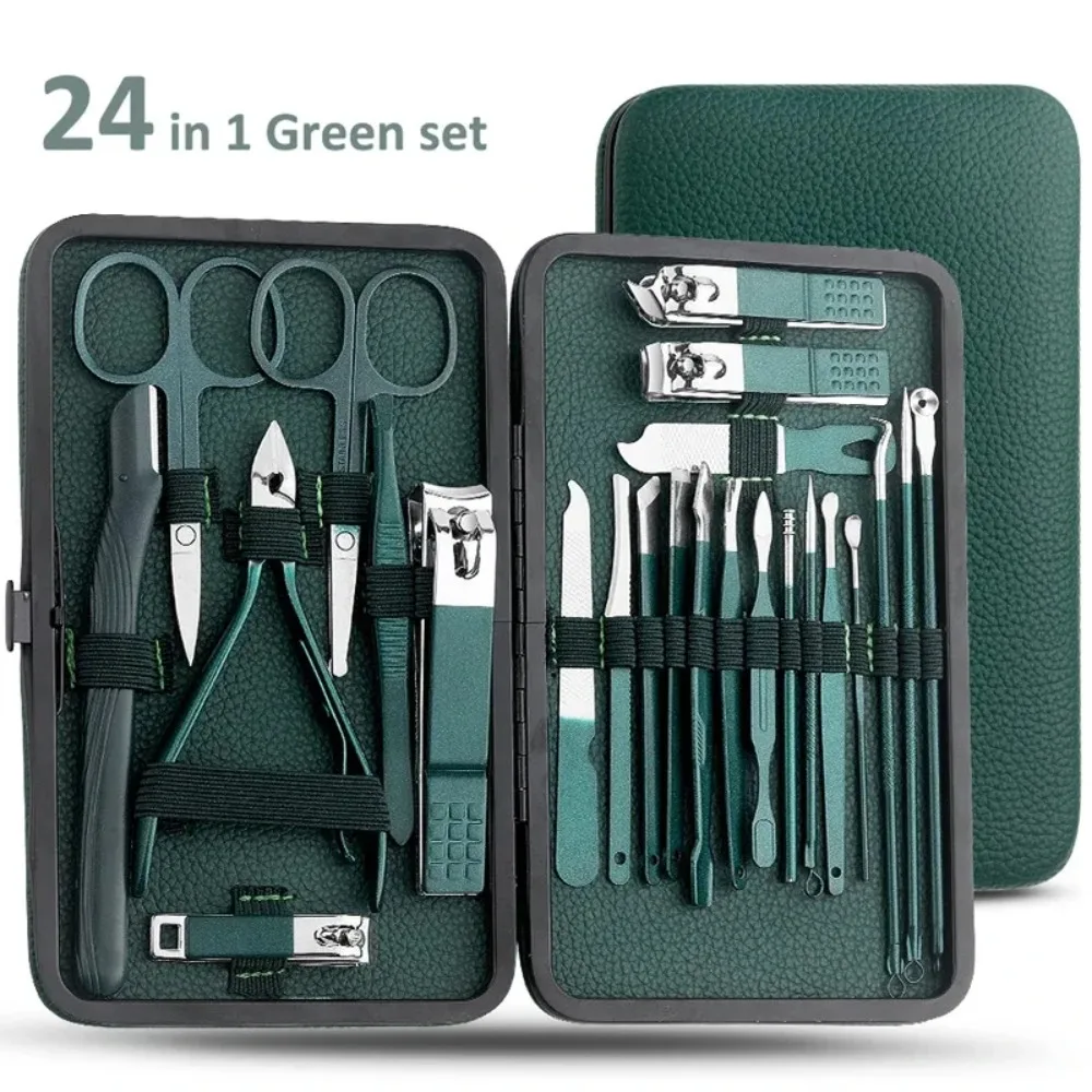 Nail clipper set, home nail clippers, dark green 7-24piece set, pedicure, exfoliation and nail care tools