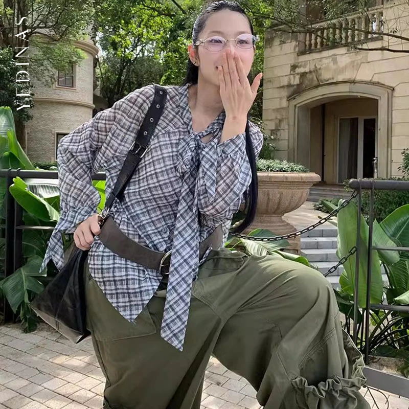 

Yedinas Chiffon Plaid Blouse Women Clothes Long Sleeve Autumn Tops Pullover Elegant Korean Fashion Streetwear Shirt Off Ladies