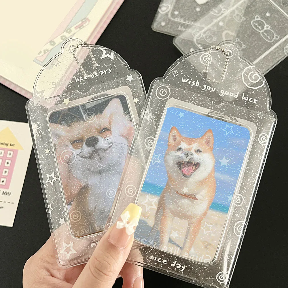 INS Shiny Glitter Transparent Photocard Holder Keychain PVC Card Protector Cover Idol Photo Sleeves Photo Pocket Bag Pendants