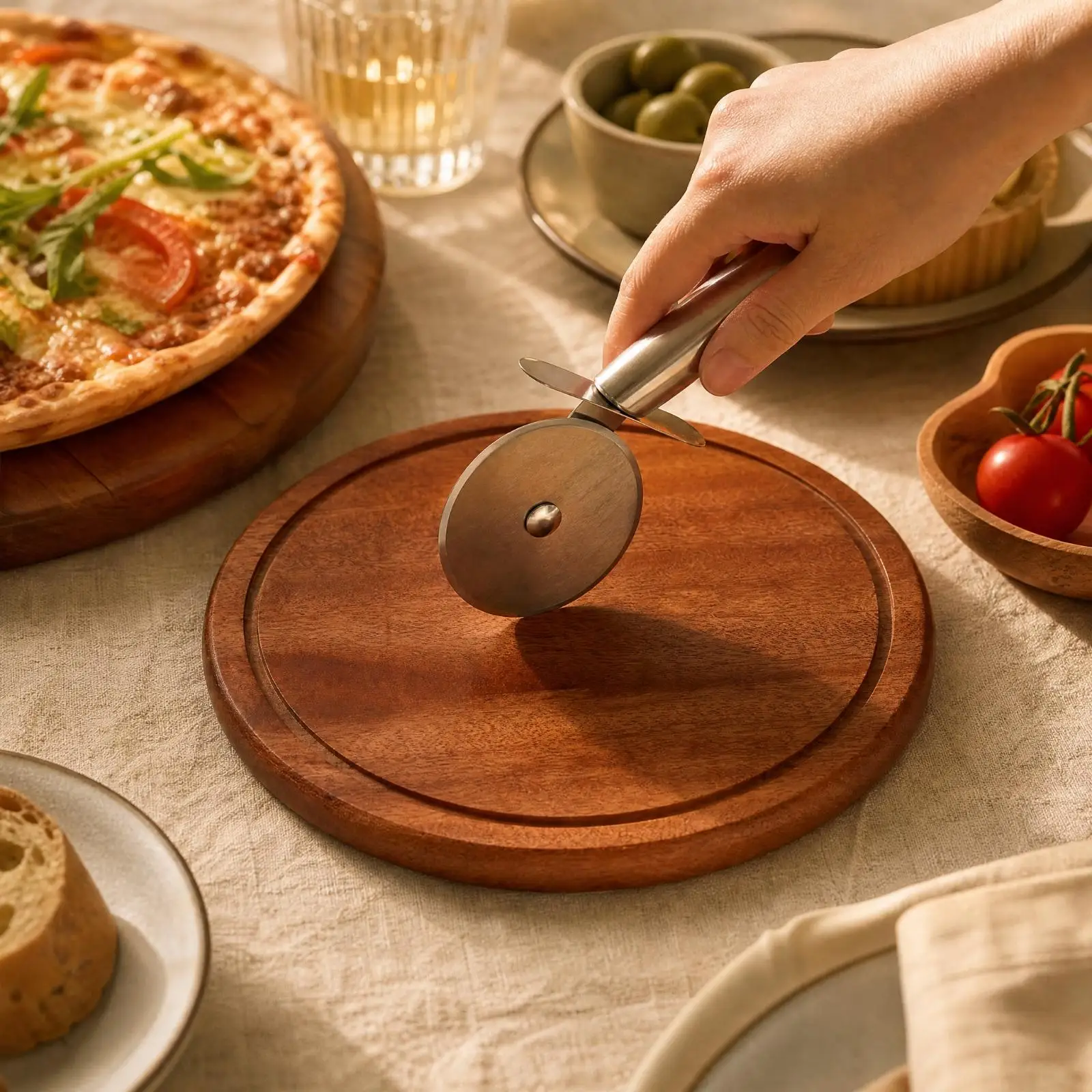 Plateau de service rond en bois pour pizza, gâteau, sushi et fromage