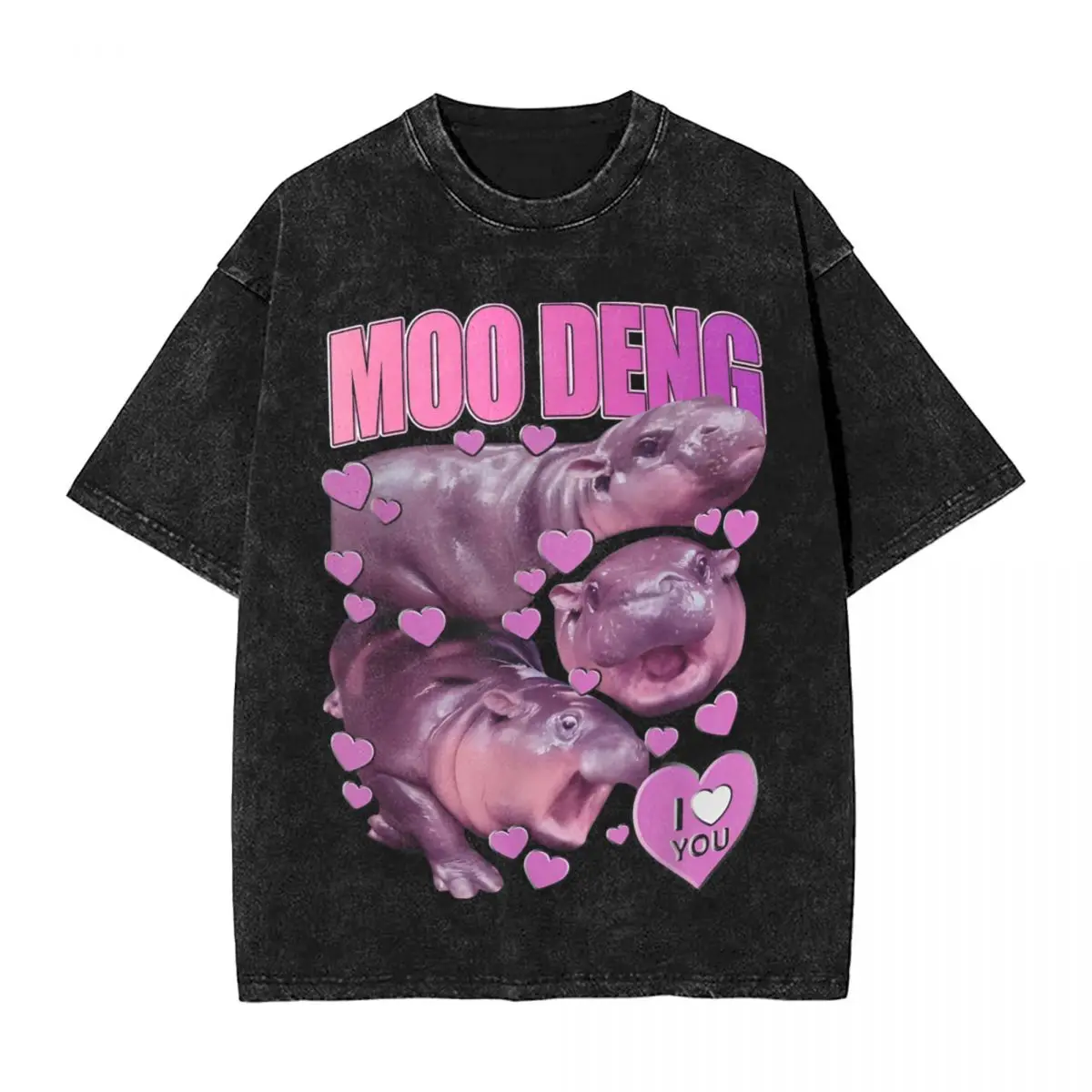 Moo Deng The Famous Baby Pigmy Hippo T Shirt Hip Hop Washed Cotton T-Shirts for Men Women Tops Streetwear Printed Tee Shirt