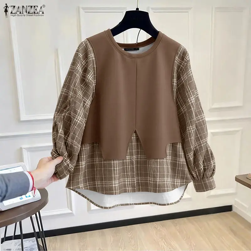 ZANZEA Vintage Plaid Bluse Frauen Langarm Patchwork Casual Shirts 2026 Frühling Herbst Mode Oansatz Lose Blusas Femininas