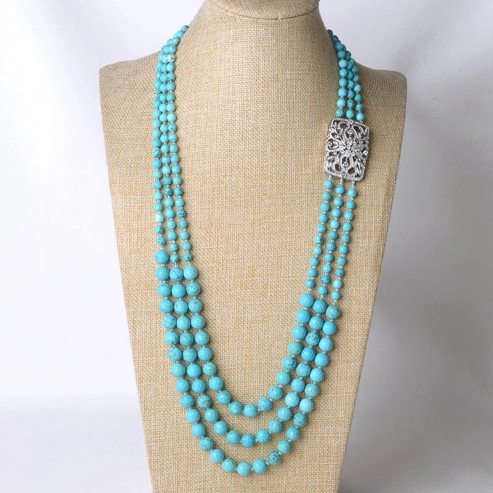 28''-32'' Faceted Round Blue Turquoises Sweater chain Long Necklace Ethnical For Women Lady Jewelry