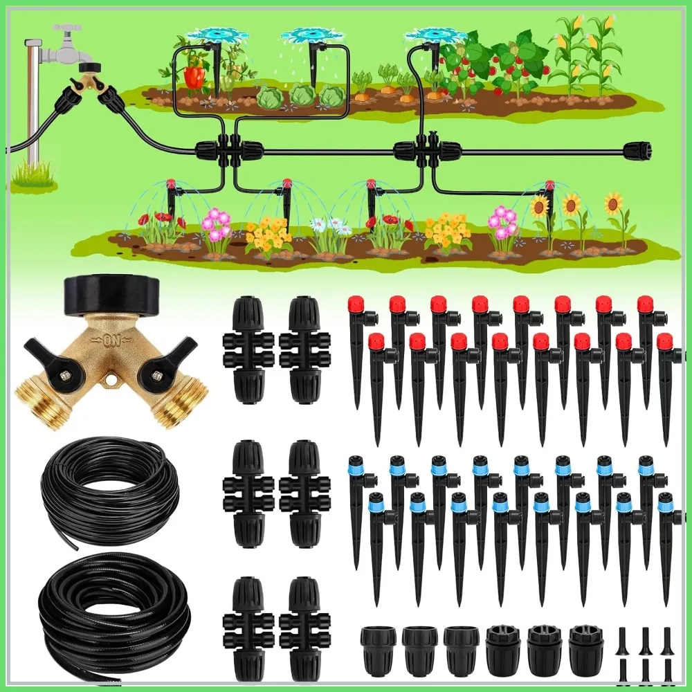 250FT Drip Irrigation System: 50FT 1/2" Main & 200FT 1/4" Branch Tubing, Brass Splitter, Quick Connect for Garden