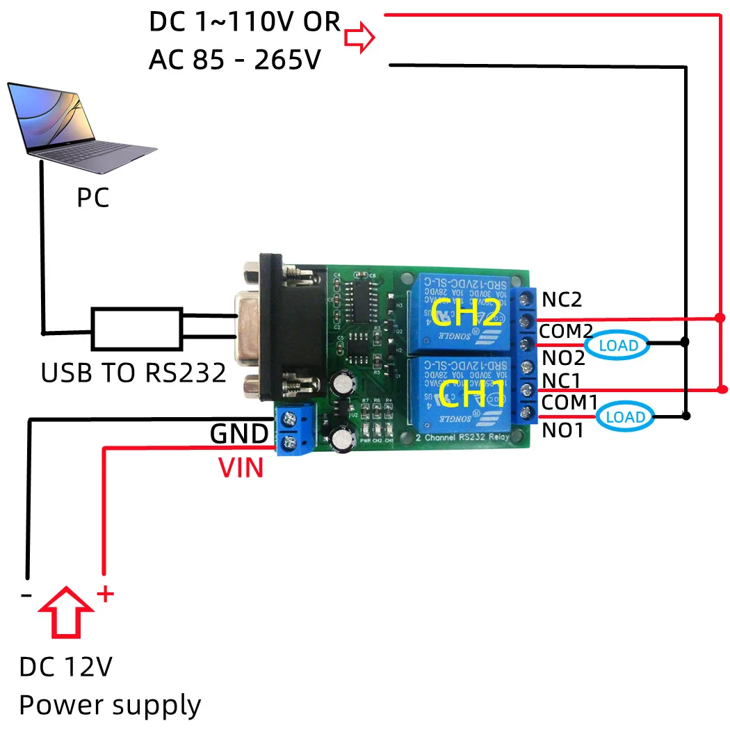 2CH Relay Module RS232 Serial Port Control via DB9 UART for DC 12V 24V PC PLC Motor