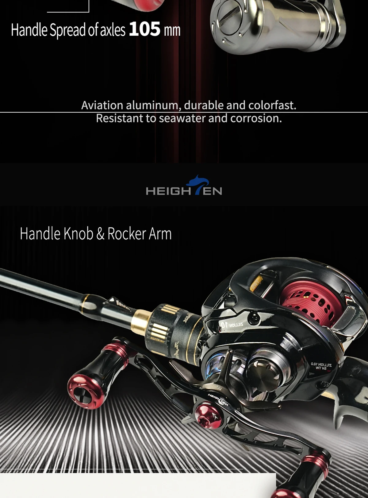 HEIGHTEN Baitcaster Aluminium-Griffrolle 90/105mm Achse aus Luftfahrt-Aluminium mit 20mm Knopf für Angelzubehör – Detail 3