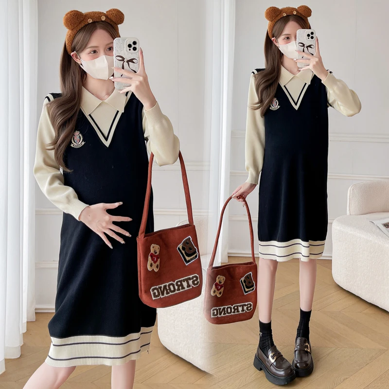 Autumn and Winter Fashion Pregnant Women Dress Preppy Style Turn-down Collar Block Color Maternity Sweater Dress Knitted Dresses