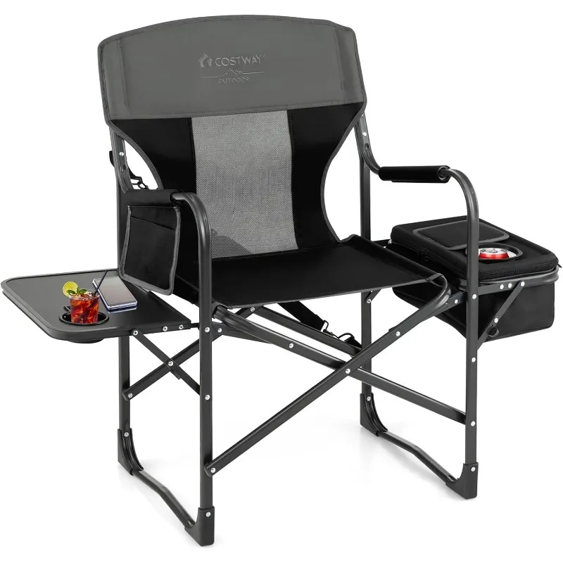 

COSTWAY Folding Camping Chair, Director Chair with Side Table, Cooler Bag, Portable Makeup Chair Suitable for Fishing Picnic