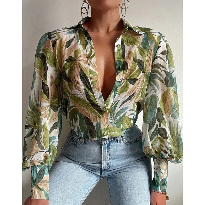 Fashion Printed Lantern Sleeve Women Shirt Vintage Office Lady Elegant Tops Button Up Long Sleeve Blouses