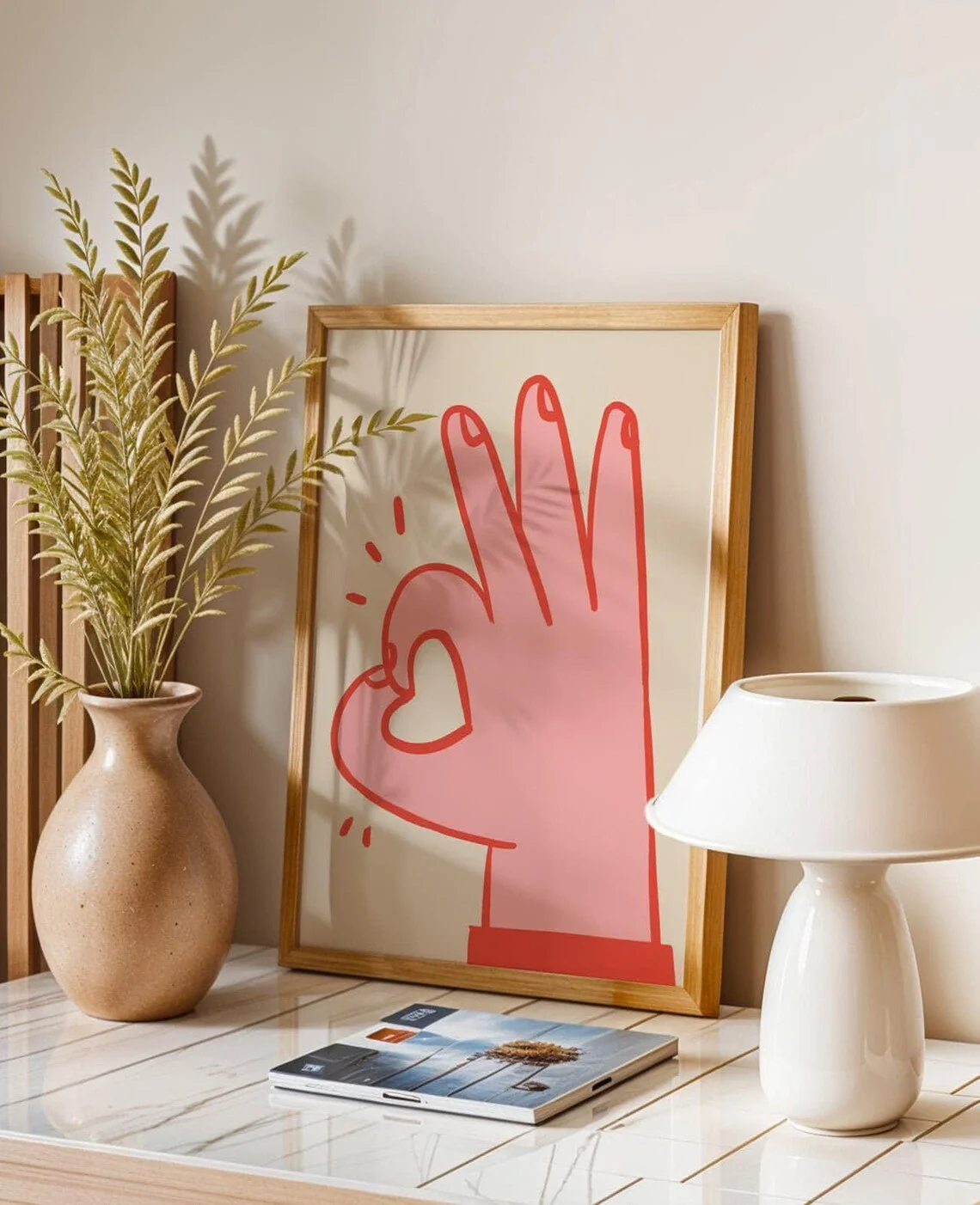 Minimalist Pink OK Hand with Heart Wall Decor Print - Cute, Trendy Line Art of a Pink Hand Making an "OK" Gesture, with a Heart image 5