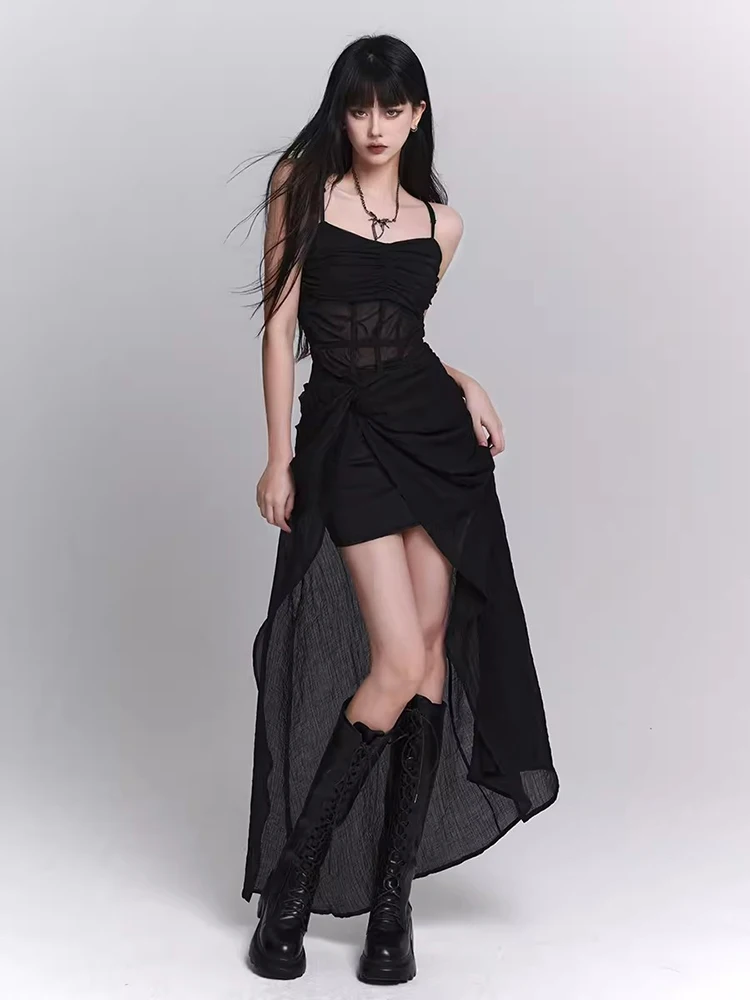 Rororiri schiere Mesh Patchwork Frauen High-Low langes Kleid formale schwarze feste geteilte Spaghetti träger einteilige Grunge Sommerkleid ung