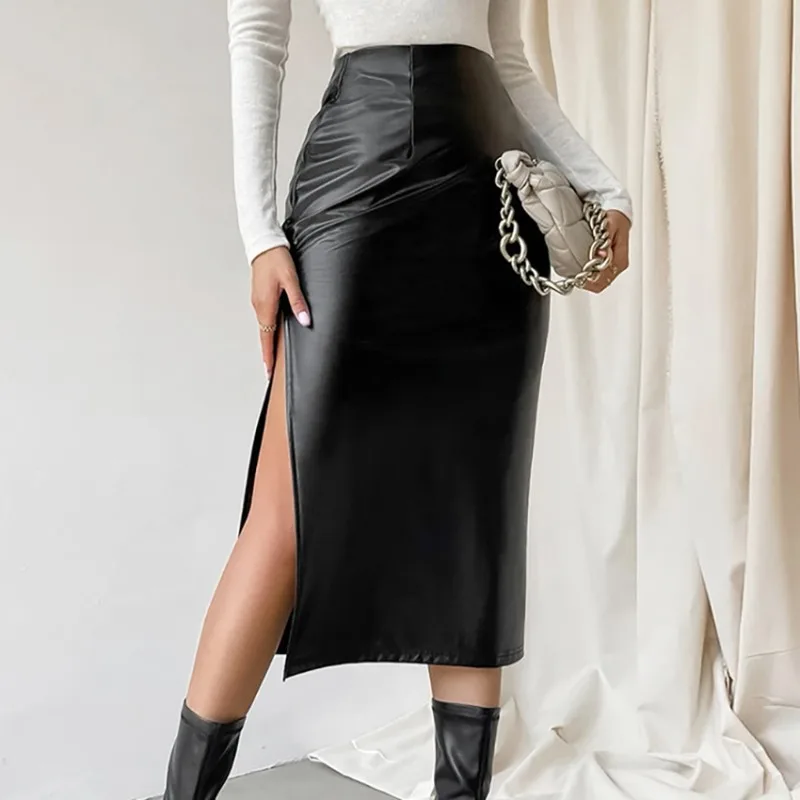 YLT Women 2026 New Hot Selling Simple Slit Leather Bodycon Mini Skirt Versatile Niche Black Trendy Chic Fashion Elegant Stylish