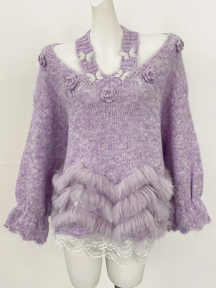 

2025 Women New Spring Autumn Flowers Butterflies Knitting Pullovers Clothes Halves Knitted Sweater Female Real Fox Fur Coat