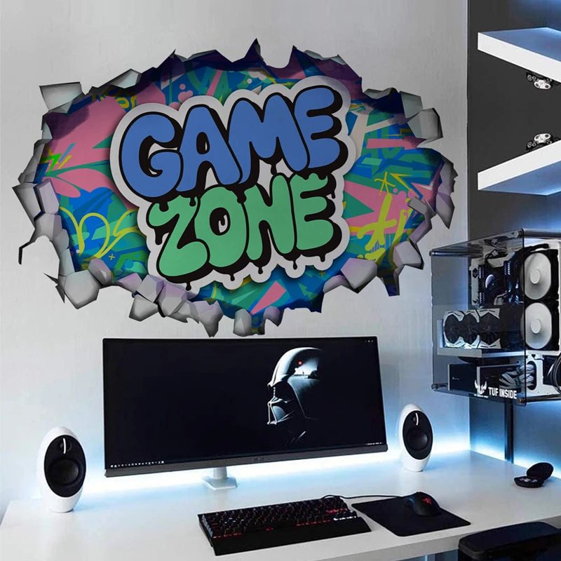 

Gaming Wall Hole Art Cool 'Gamer Zone' 3D Vinyl Mural Stickers for Home Decoration Kids Room Bedroom Larger Graffiti Game Poster