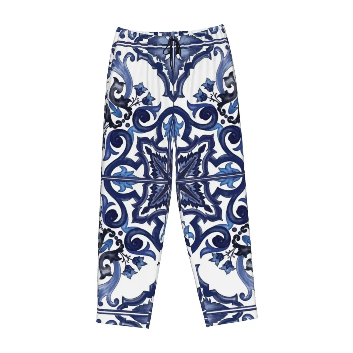 

Custom Blue Ornate Floral Mediterranean Sicilian Tile Women Pajama Pants Lounge Sleep Sleepwear Bottoms with Pockets