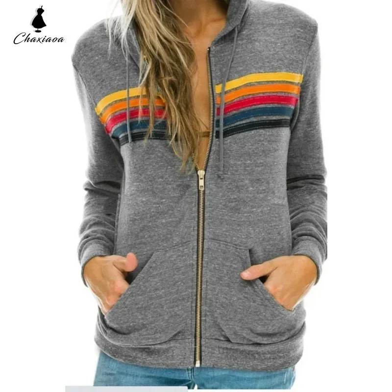 Sudadera con capucha de aviador para mujer, abrigo informal de manga larga con cremallera, 5 rayas, arcoíris, novedad de 2024