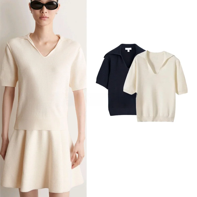 Camiseta de Manga Corta con Cuello Marinero para Mujer, Corte Estándar, Tejido de Punto, Color Liso, 100% Fibra de Polié...