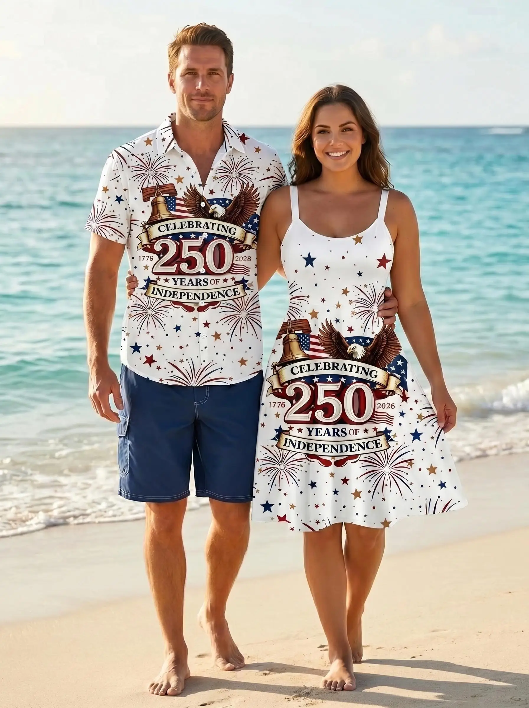 

Matchable Couple Clothes Patriotic American Flag Bell Eagle Print Men Shirt or Plus Size Knee Length Fit and Flare Tank Dress
