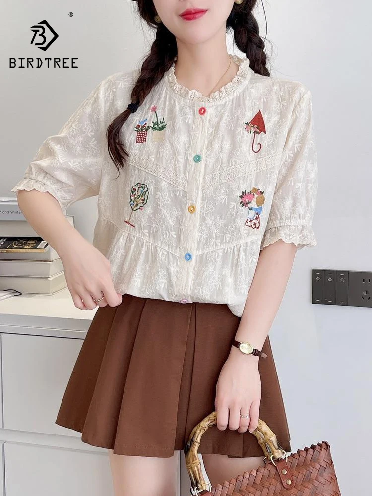

New 2025 Summer Cotton Short Sleeve Shirt, Women Ruffled Embroidery, Mori Girl Retro Japan Style Casual Loose Blouse T54320CC