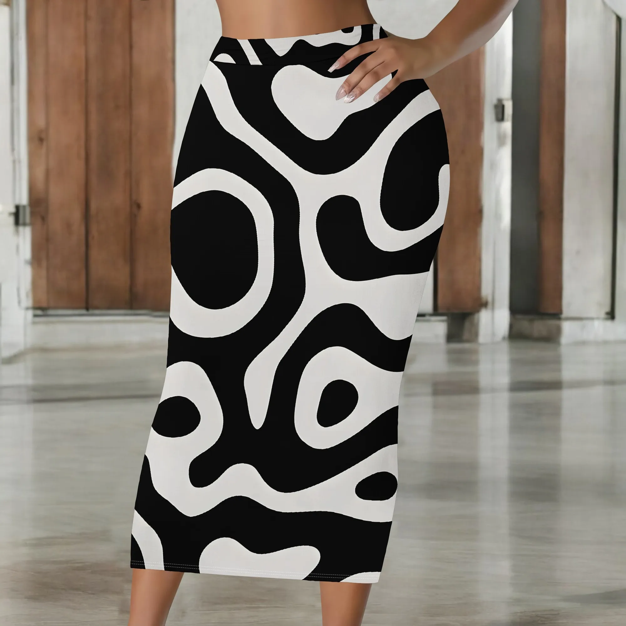 Abstract Print Skirt, Black White Midi Skirt, Bodycon Pencil Skirt, Office Party Wear, S-2XL