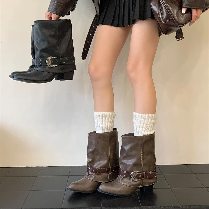 الجدة مشبك برشام الديكور حذاء من الجلد النساء موضة أشار تو أحذية رعاة البقر الغربية مريحة مقاوم للماء منصة الأحذية #6