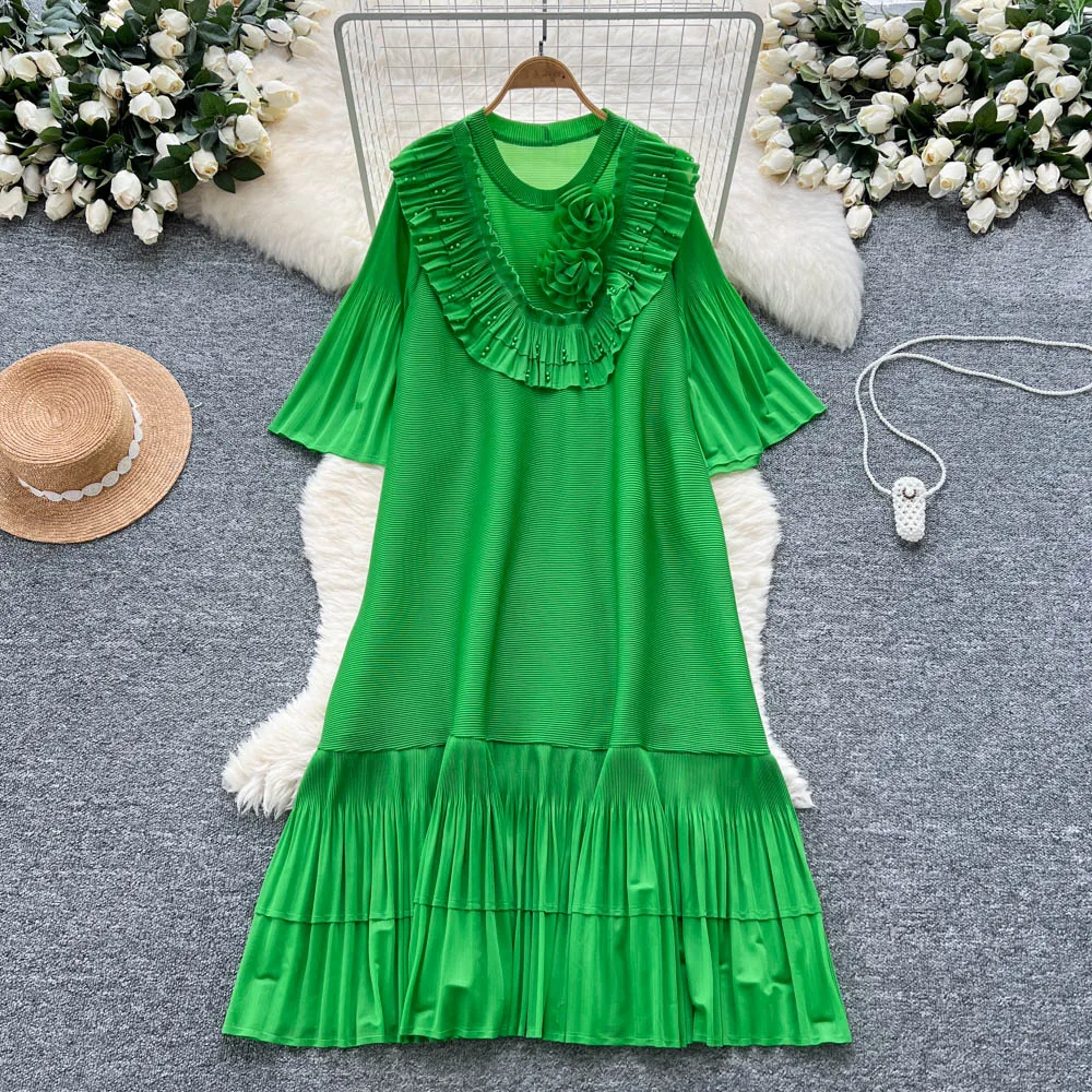 Chic sexy O-collo tridimensionale increspato fata A-line allentato estate donna Boho vestito estivo abbigliamento donna