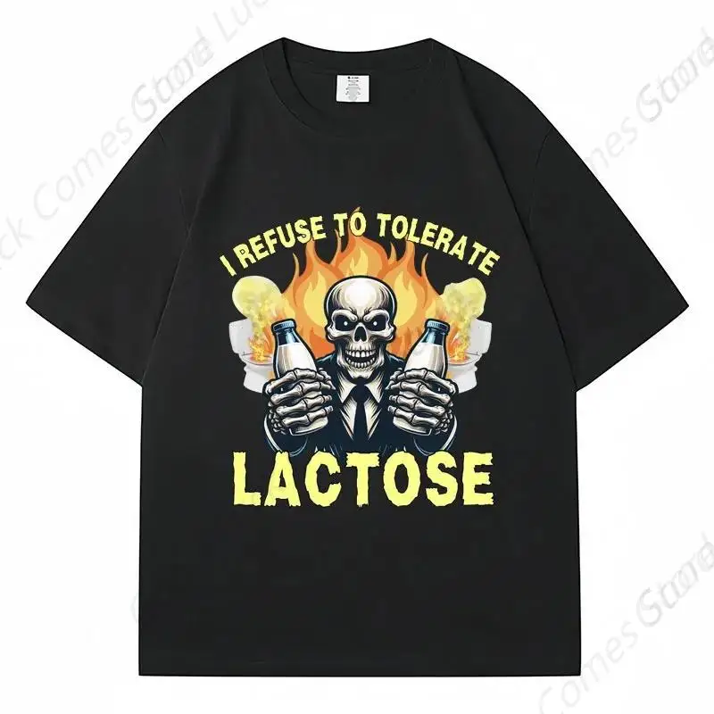 Skull Refuse To Tolerate Lactose T Shirt Funny Skeleton Meme Short Sleeve Men Women Cotton T-shirts