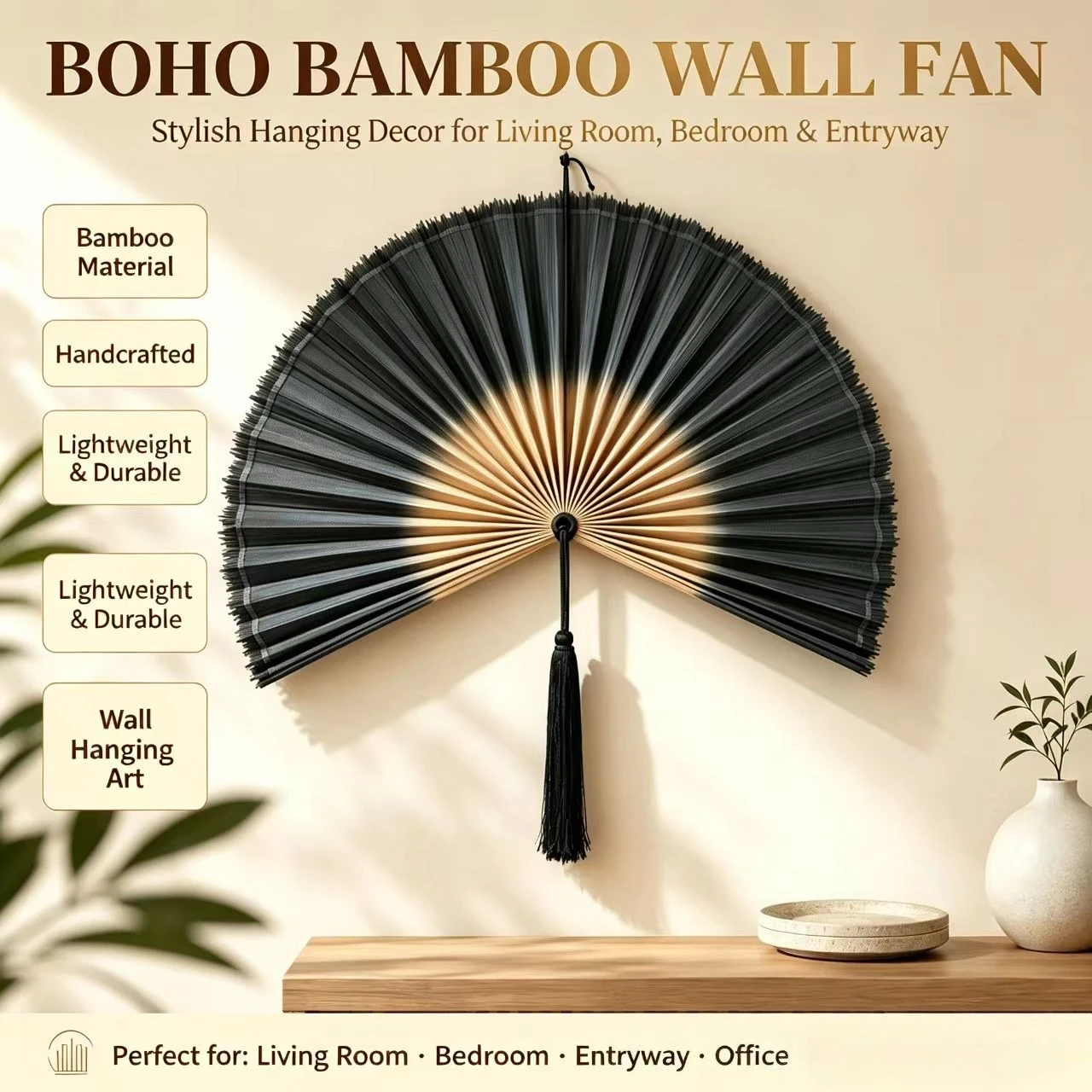80cm Large Wall Hanging Fan with Tassel, Carbon Blue Gradient Bamboo Decor Fan, Oriental Wall Art Ornament for Living Room Decor