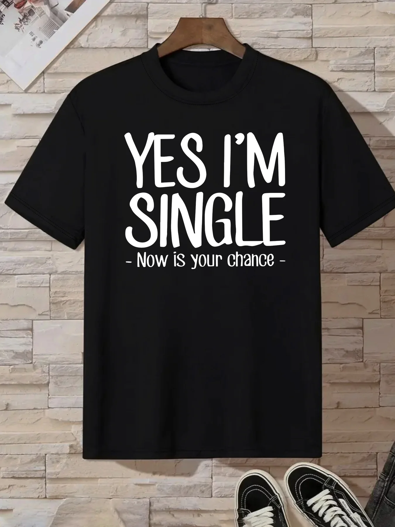 [Summer Tee] Polyester Men's White T-Shirt | "Yes, I'm Single - Now is Your Chance" Tattooed Arms Design